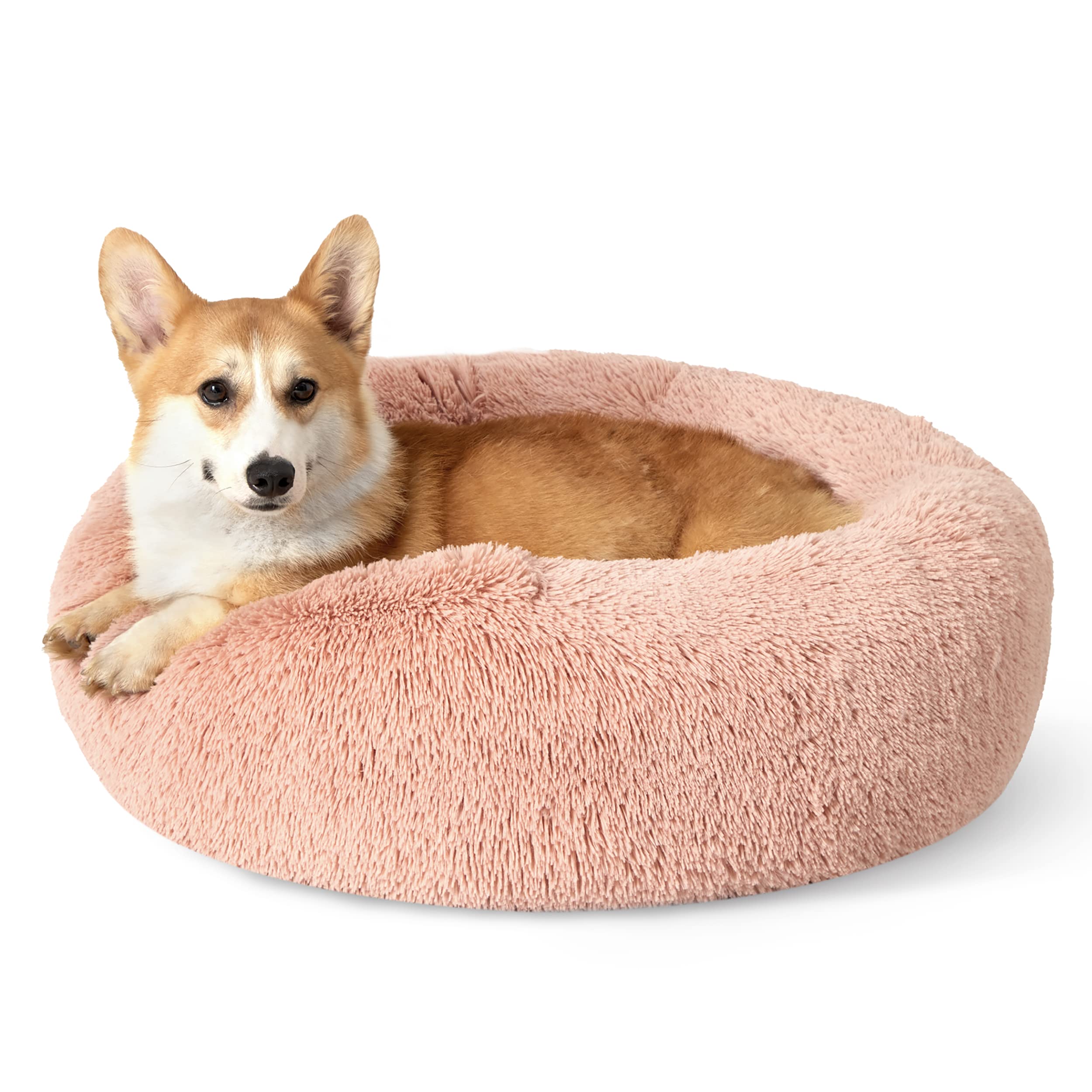 Bedsure Calming Donut Bed for Medium Dogs | 30-Inch Round Plush Pink, Anti-Slip