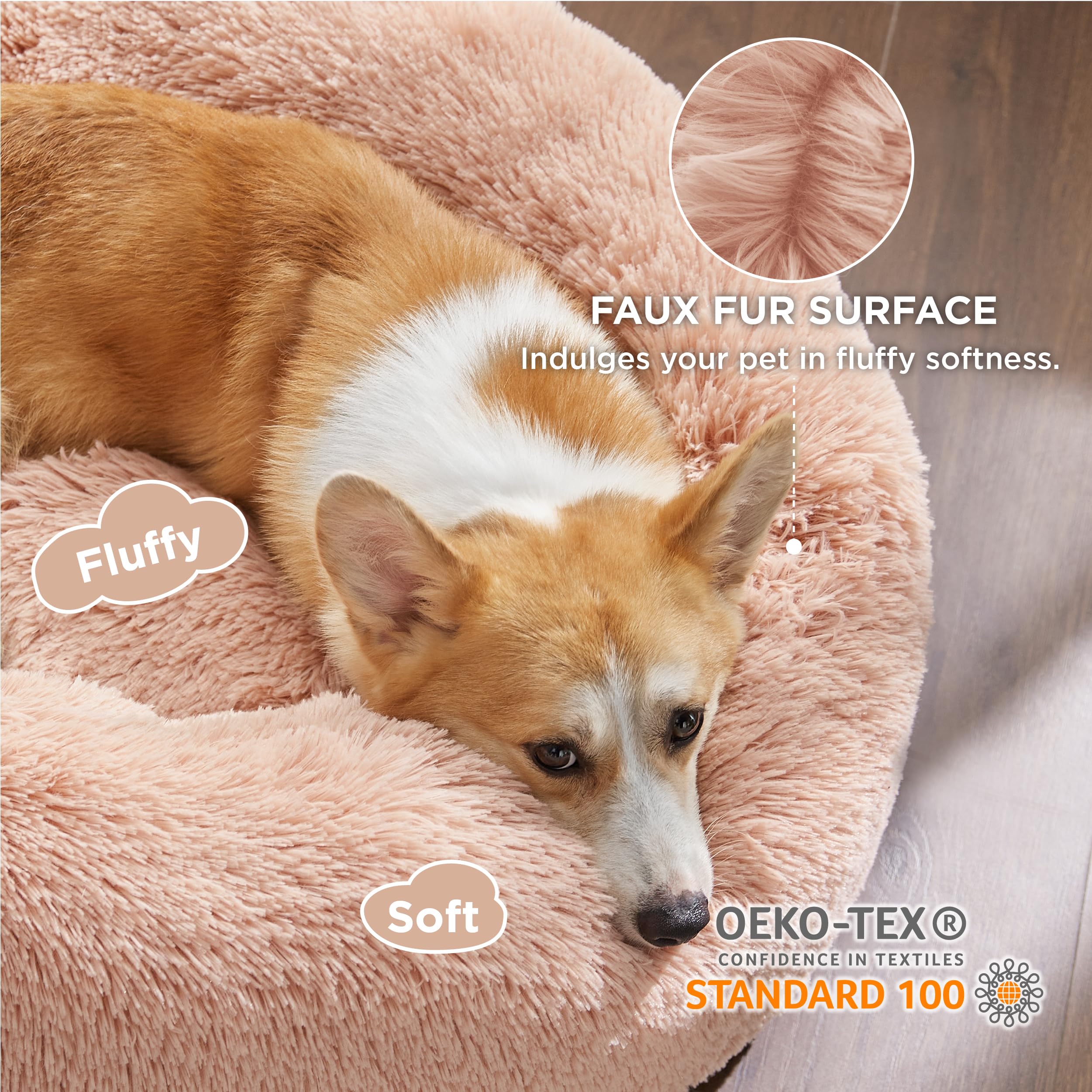 Bedsure Calming Donut Bed for Medium Dogs | 30-Inch Round Plush Pink, Anti-Slip