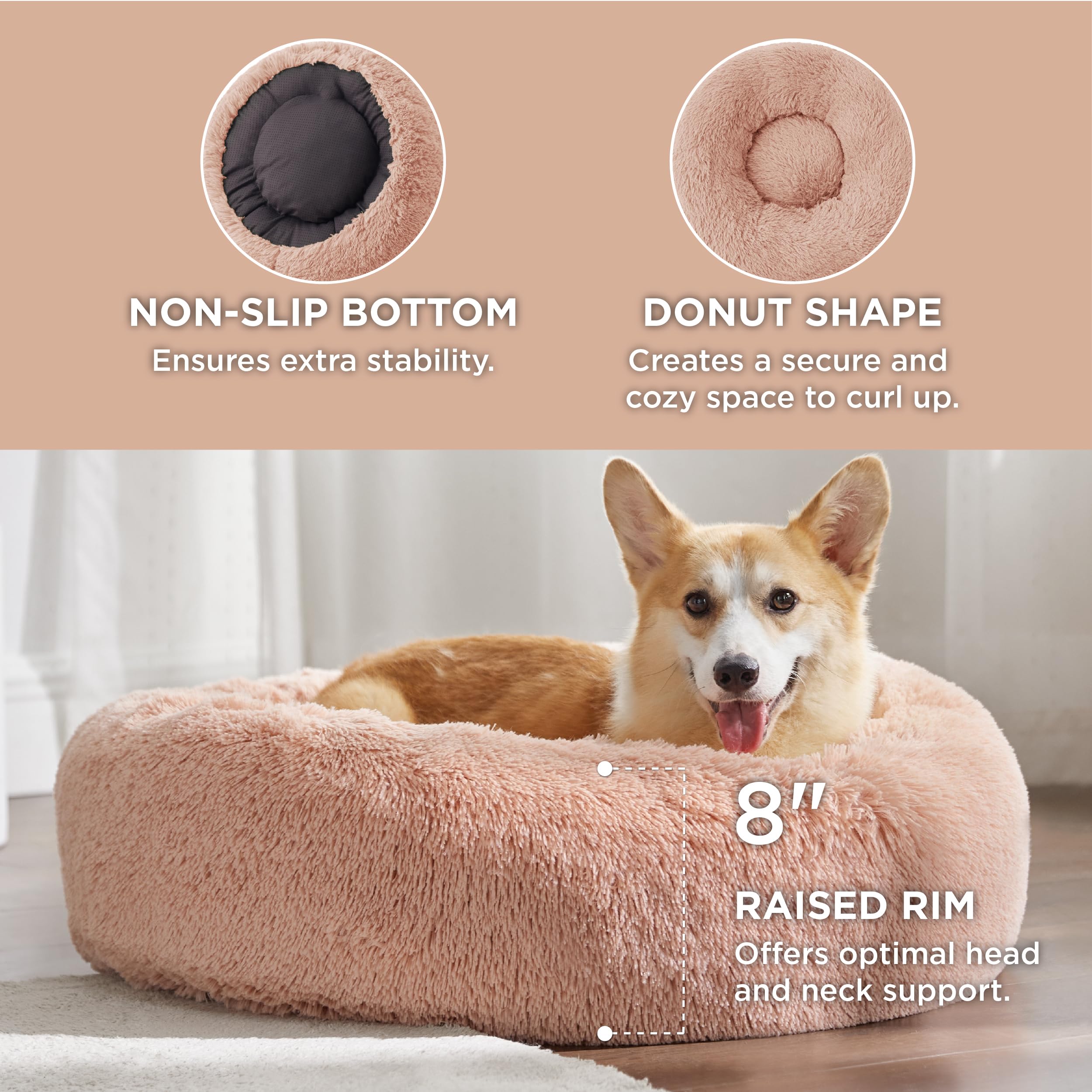 Bedsure Calming Donut Bed for Medium Dogs | 30-Inch Round Plush Pink, Anti-Slip