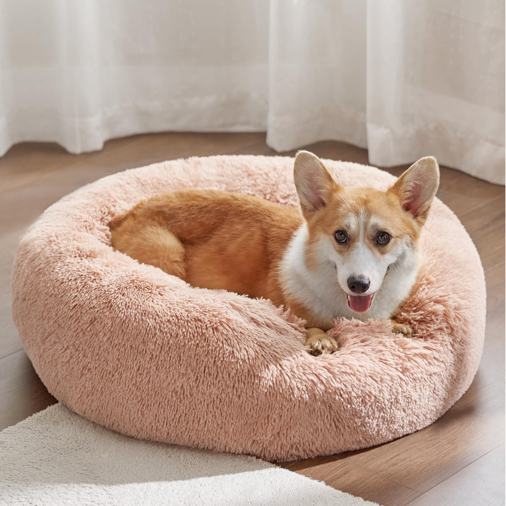 Bedsure Calming Donut Bed for Medium Dogs | 30-Inch Round Plush Pink, Anti-Slip