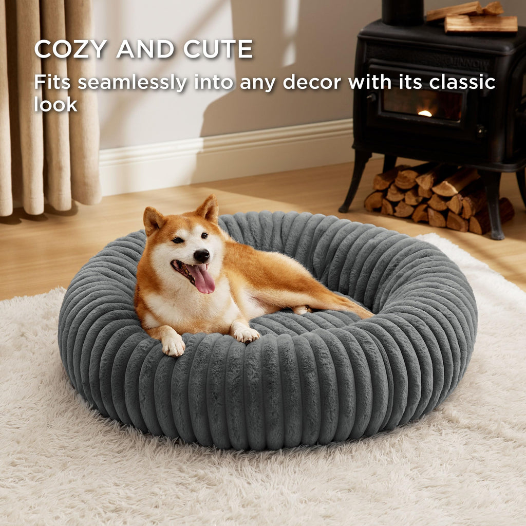 Bedsure Donut Large Dog Bed - Washable Faux Fur with Corduroy Fleece, Anti-Slip Round Bed 36x36x8 in, Warm Grey