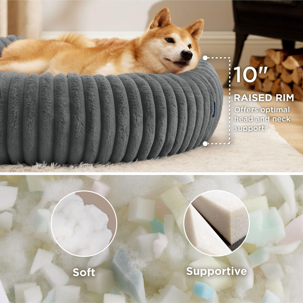 Bedsure Donut Large Dog Bed - Washable Faux Fur with Corduroy Fleece, Anti-Slip Round Bed 36x36x8 in, Warm Grey