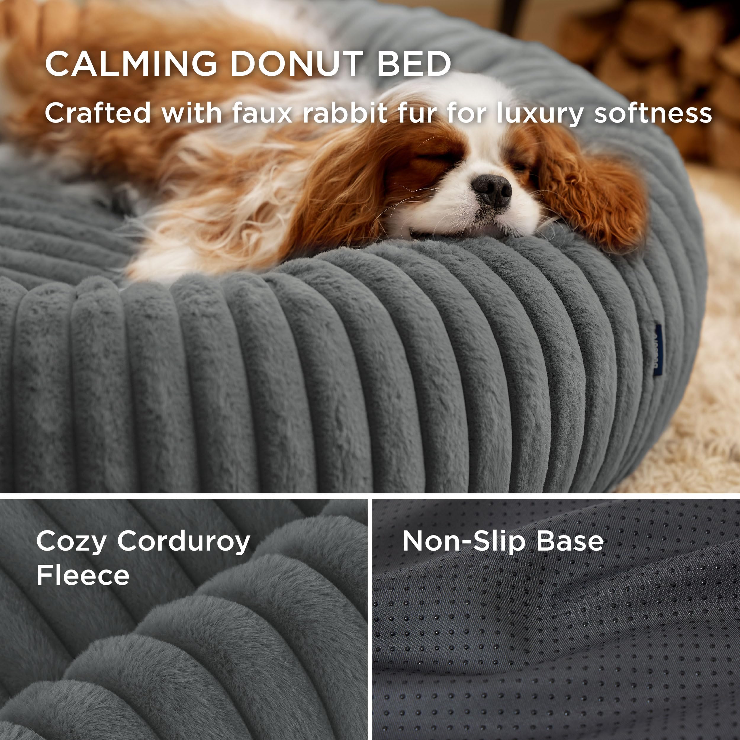 Bedsure Donut Large Dog Bed - Washable Faux Fur with Corduroy Fleece, Anti-Slip Round Bed 36x36x8 in, Warm Grey