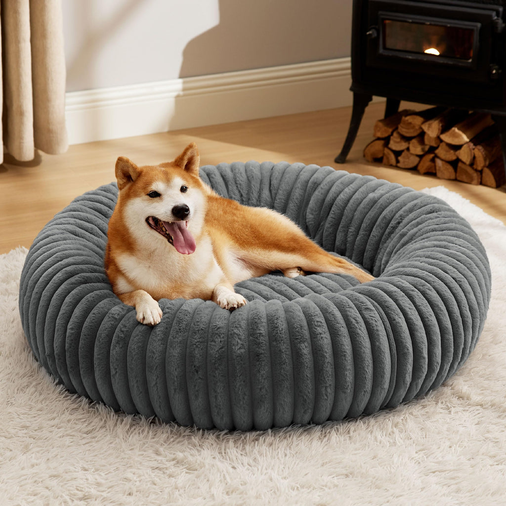 Bedsure Donut Large Dog Bed - Washable Faux Fur with Corduroy Fleece, Anti-Slip Round Bed 36x36x8 in, Warm Grey