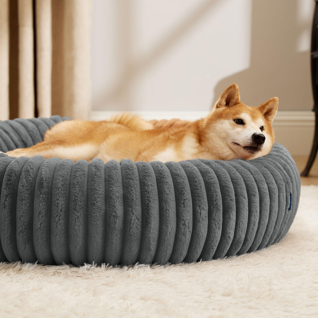 Bedsure Donut Large Dog Bed - Washable Faux Fur with Corduroy Fleece, Anti-Slip Round Bed 36x36x8 in, Warm Grey