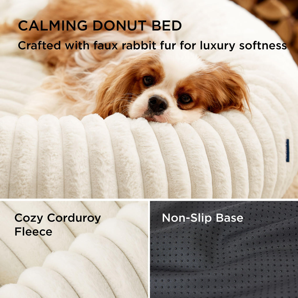 Bedsure Donut Small Dog Bed – Cream, Round Faux Fur Bed for Small Dogs (27x27x8)