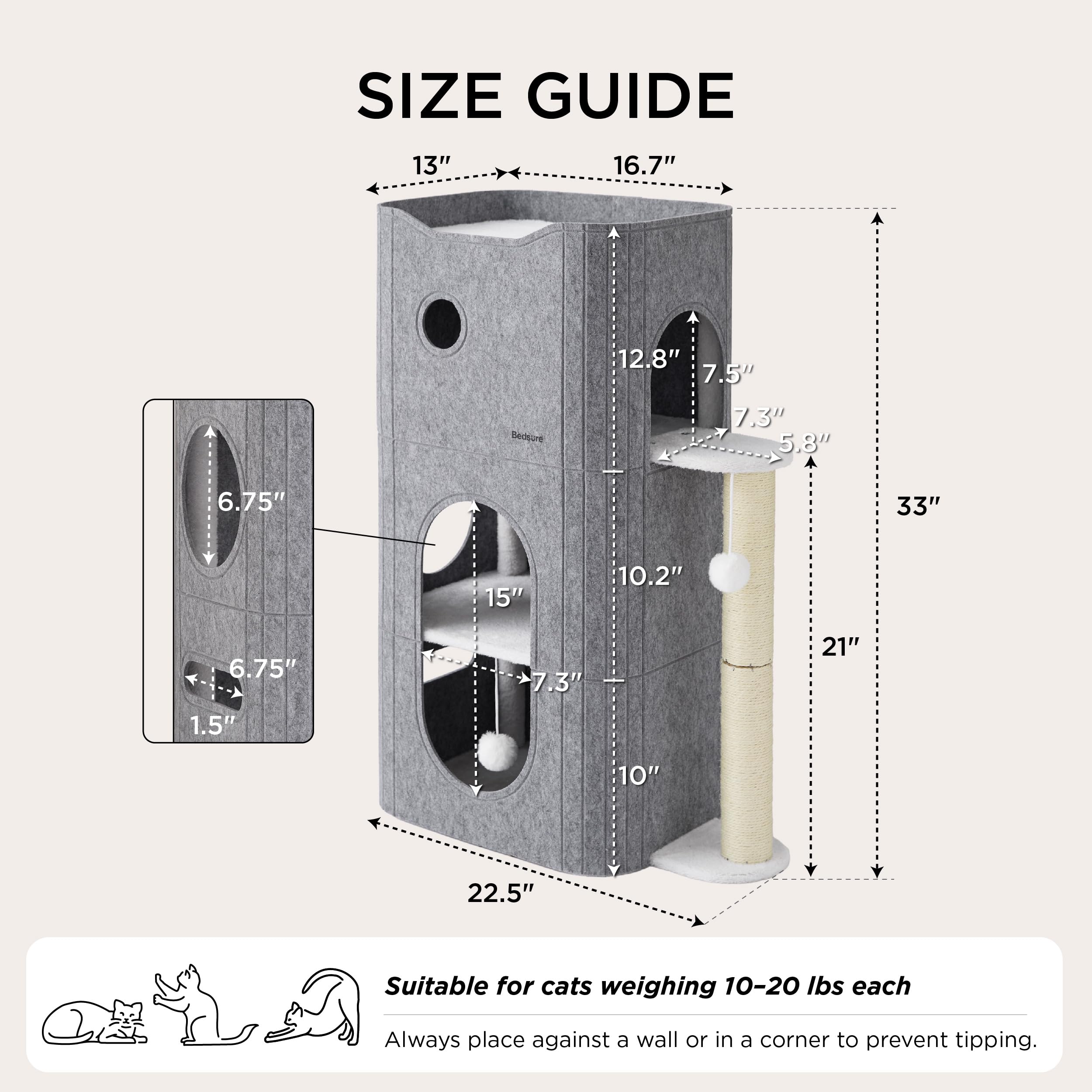 Bedsure 3-Level Indoor Cat Bed — Multi-Cat Cat Condo with Scratching Post and Hideaway Cave (Grey)