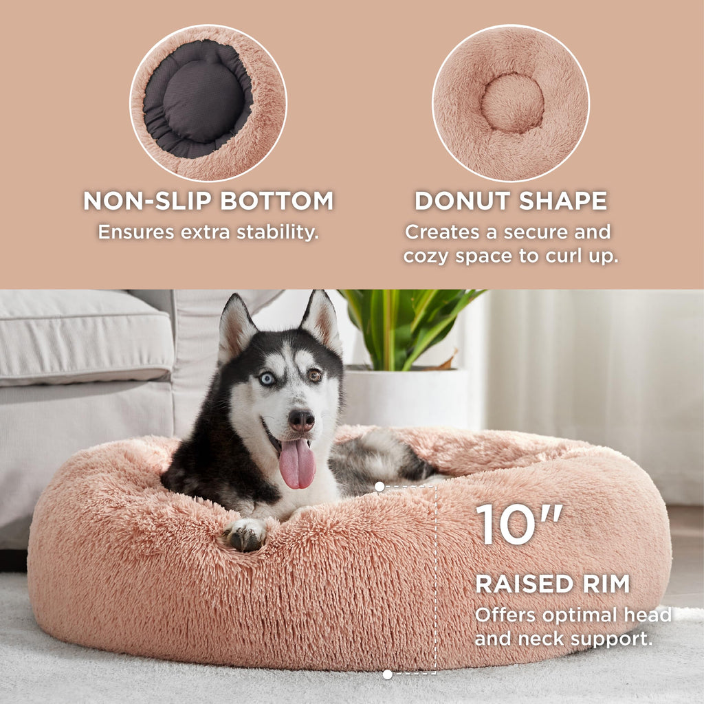Bedsure Calming Donut Dog Bed for Large Dogs – 36-Inch Round, Anti-Slip, Pink (Up to 80 lbs)