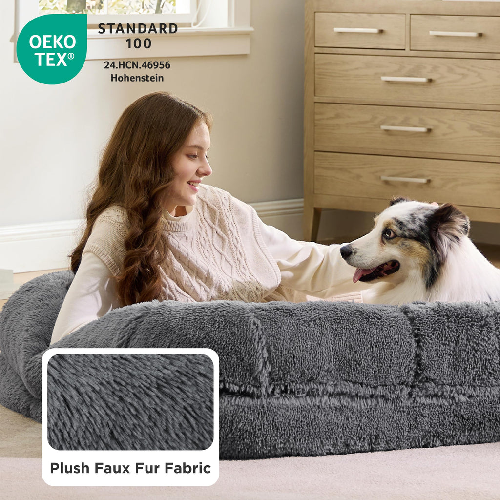 Bedsure Foldable Human Dog Bed — 2-in-1 Giant Bed with Bolster, Egg-Crate Foam, Waterproof Liner, Faux Fur (Dark Grey)