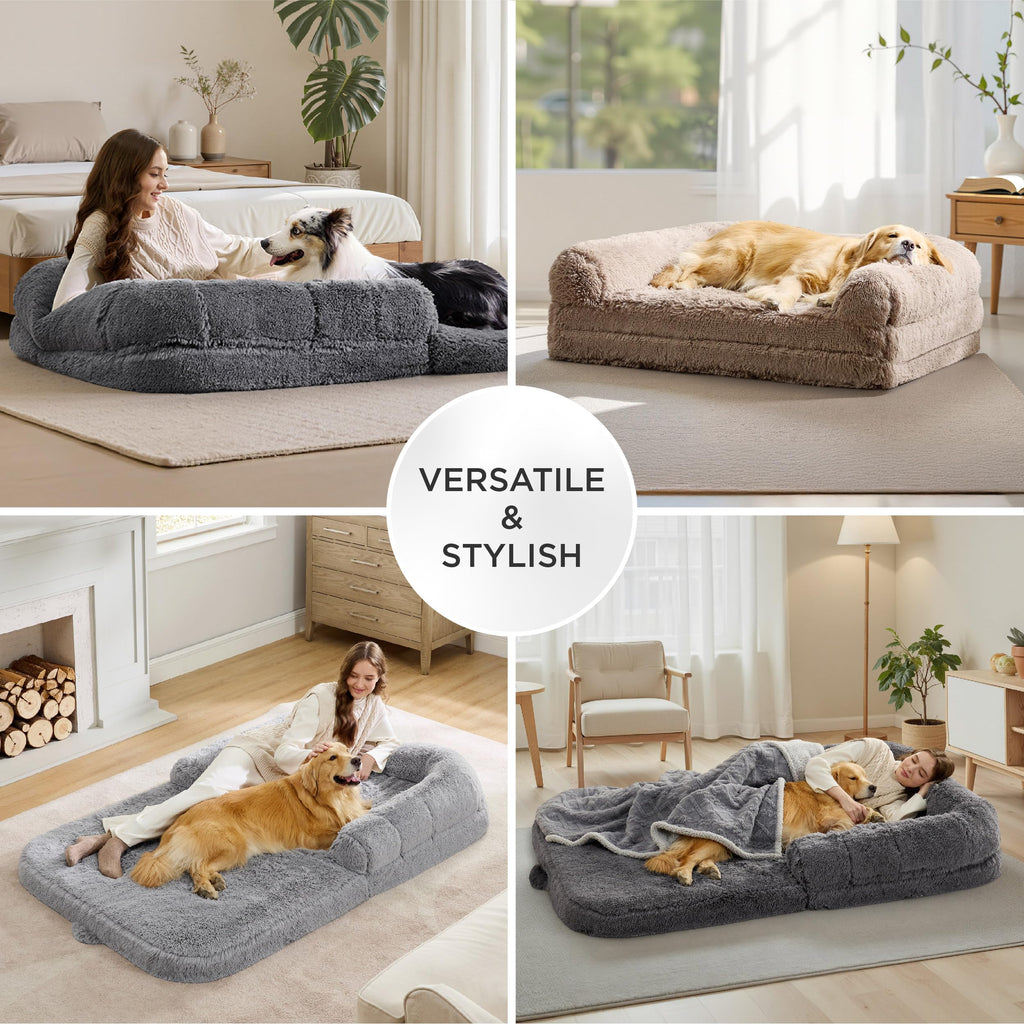 Bedsure Foldable Human Dog Bed — 2-in-1 Giant Bed with Bolster, Egg-Crate Foam, Waterproof Liner, Faux Fur (Dark Grey)