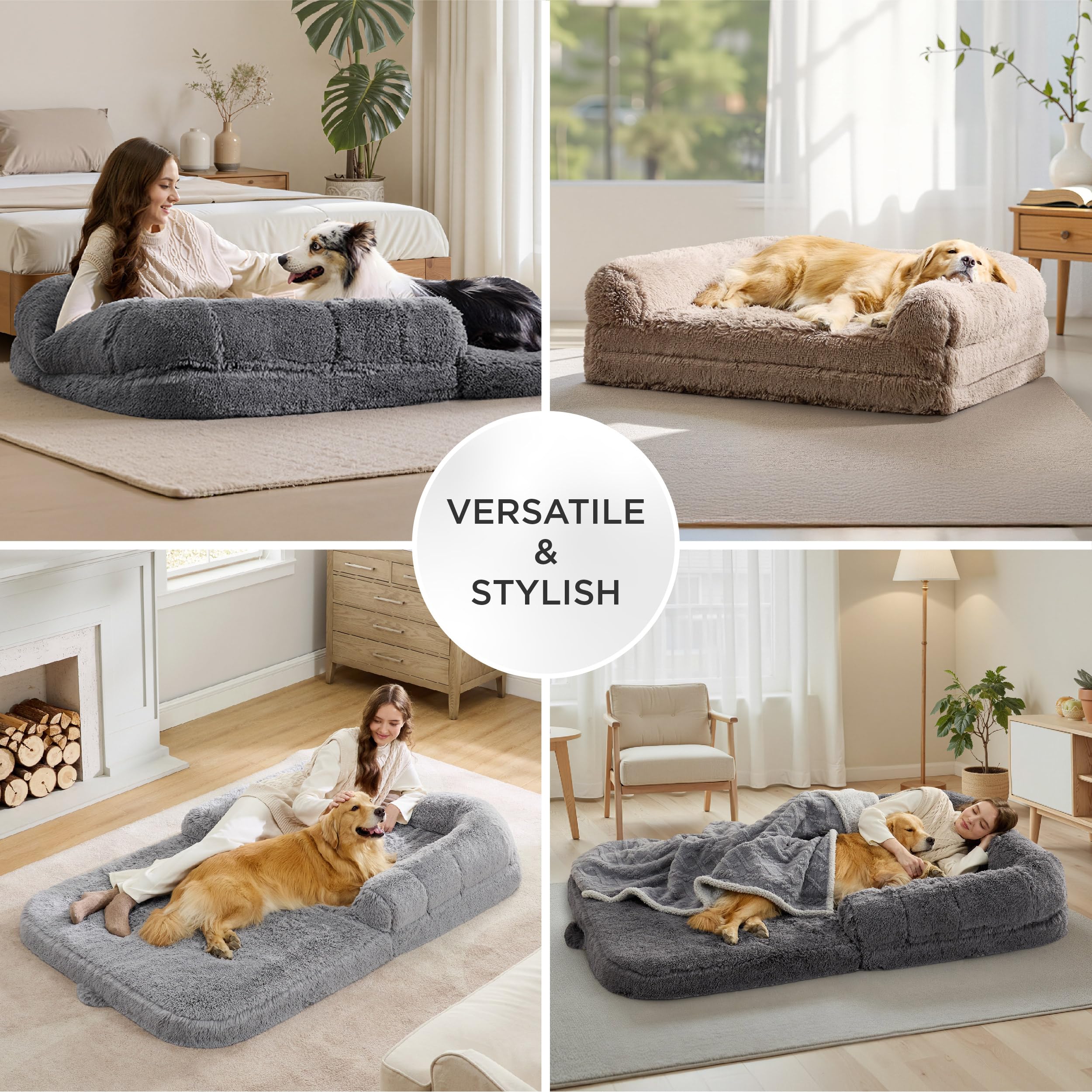 Bedsure Foldable Human Dog Bed — 2-in-1 Giant Bed with Bolster, Egg-Crate Foam, Waterproof Liner, Faux Fur (Dark Grey)
