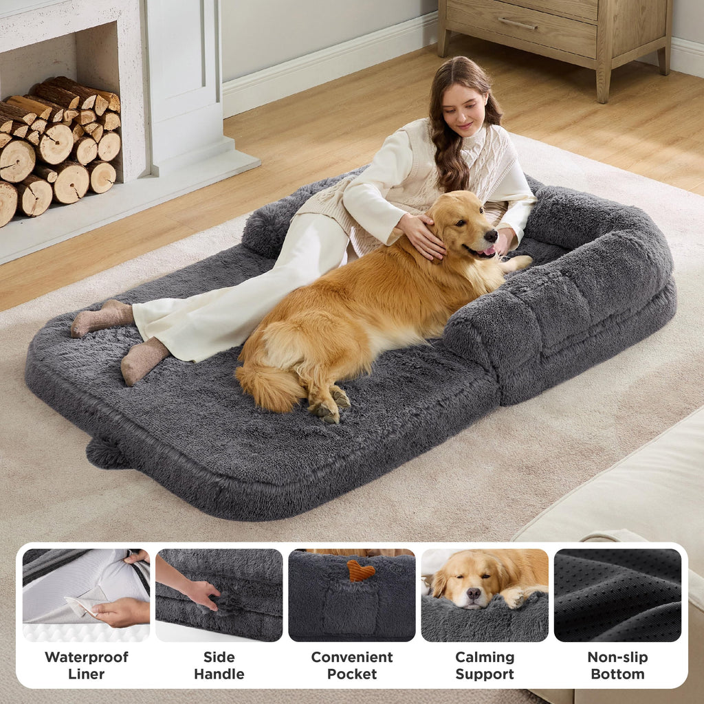 Bedsure Foldable Human Dog Bed — 2-in-1 Giant Bed with Bolster, Egg-Crate Foam, Waterproof Liner, Faux Fur (Dark Grey)