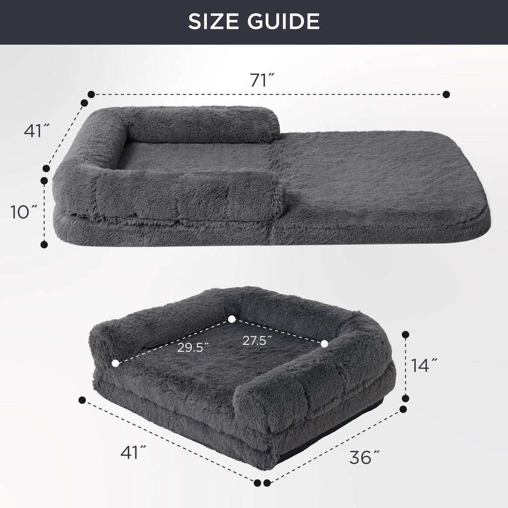 Bedsure Foldable Human Dog Bed — 2-in-1 Giant Bed with Bolster, Egg-Crate Foam, Waterproof Liner, Faux Fur (Dark Grey)