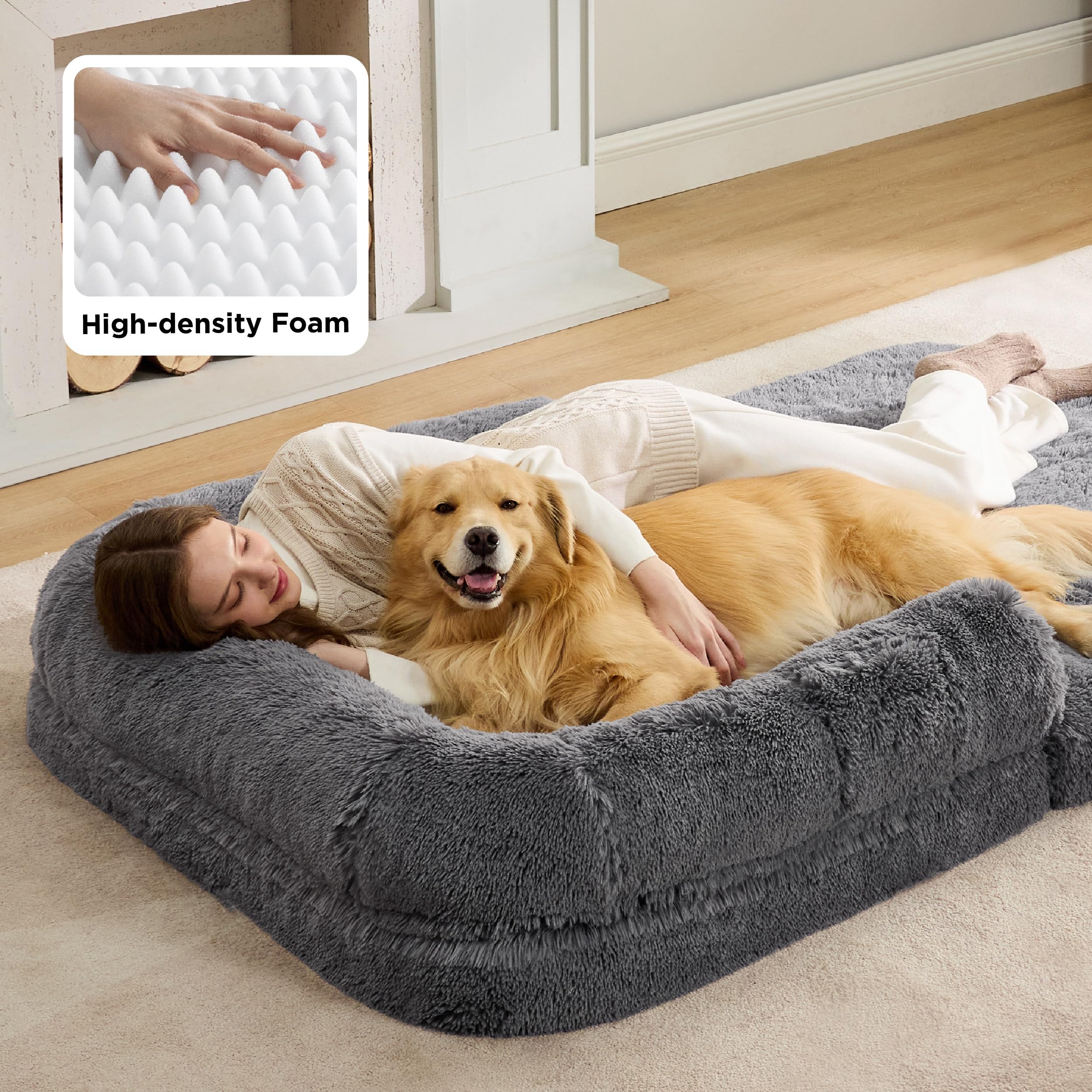 Bedsure Foldable Human Dog Bed — 2-in-1 Giant Bed with Bolster, Egg-Crate Foam, Waterproof Liner, Faux Fur (Dark Grey)
