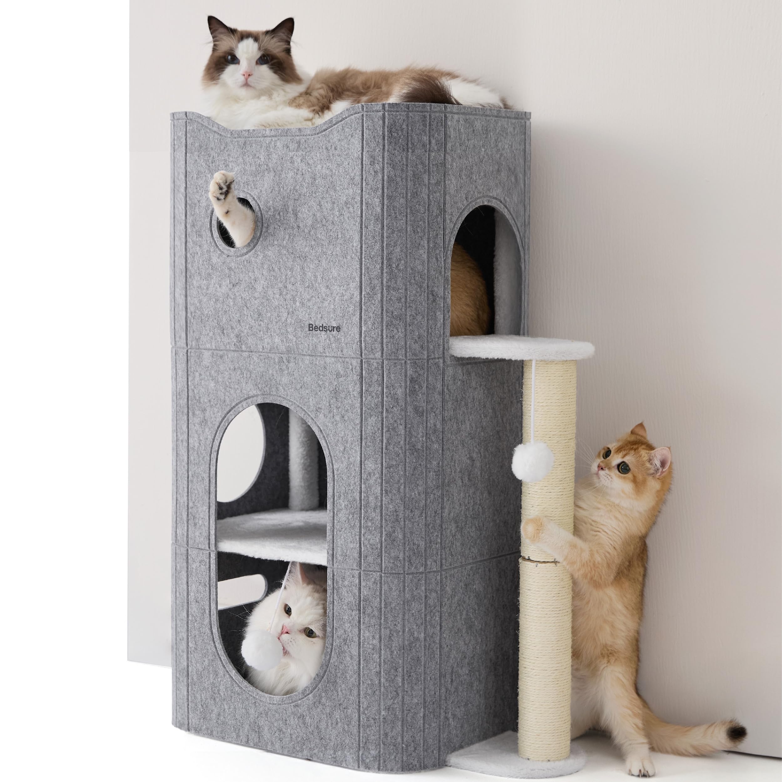 Bedsure 3-Level Indoor Cat Bed — Multi-Cat Cat Condo with Scratching Post and Hideaway Cave (Grey)