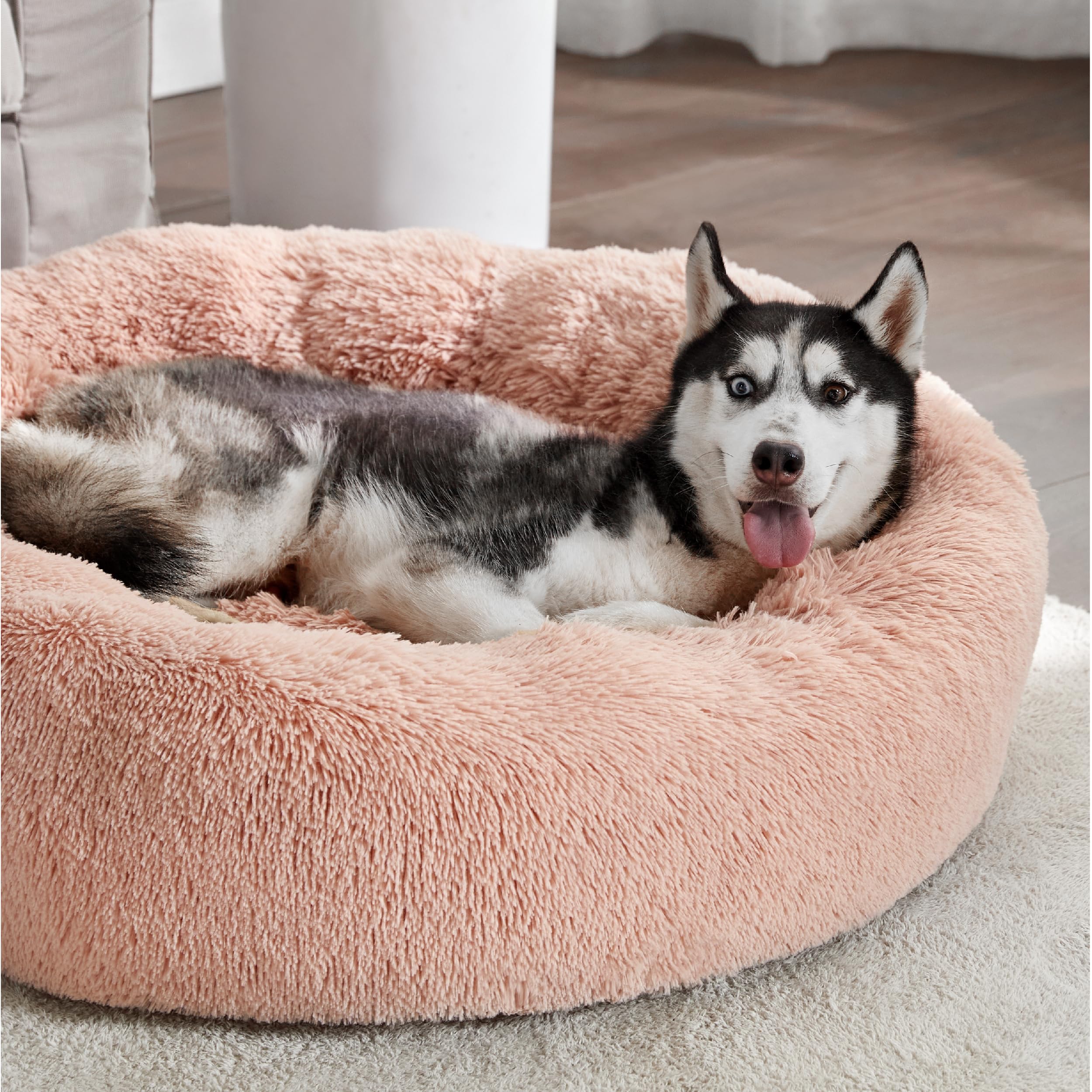 Bedsure Calming Donut Dog Bed for Large Dogs – 36-Inch Round, Anti-Slip, Pink (Up to 80 lbs)