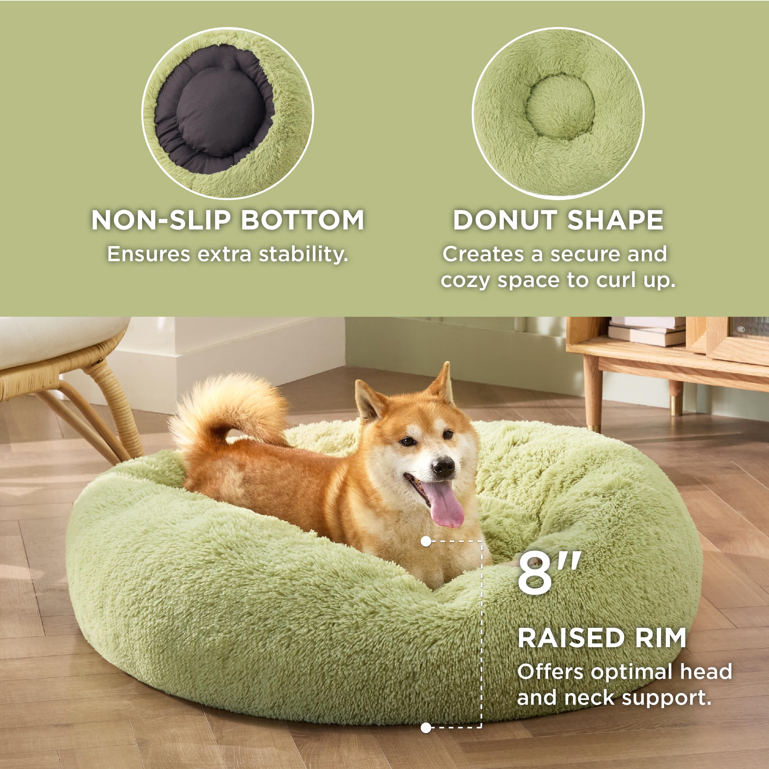 Bedsure Calming Donut Dog Bed for Medium Dogs – 30in Green, Washable & Anti-Slip