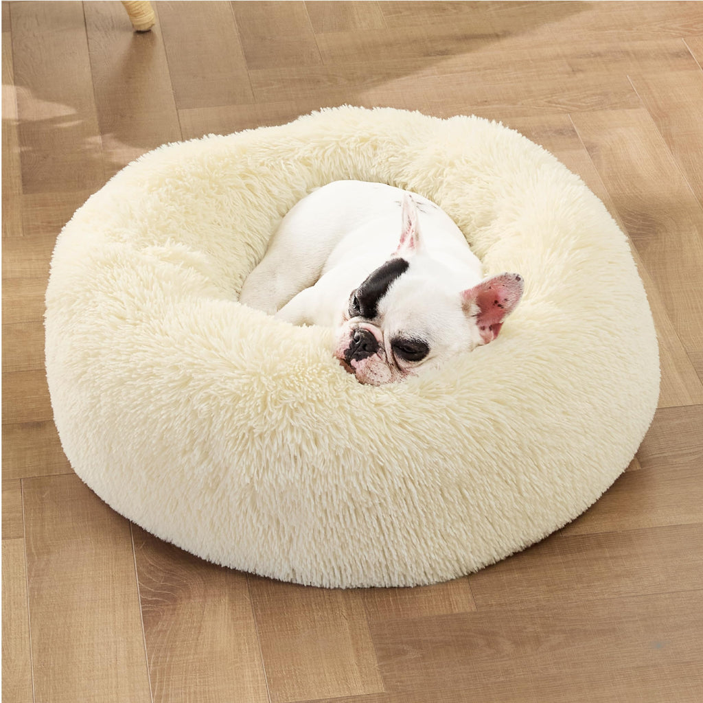 Bedsure Calming Donut Dog Bed for Small Dogs – 23-Inch Round, Ivory Beige, Non-Slip & Washable
