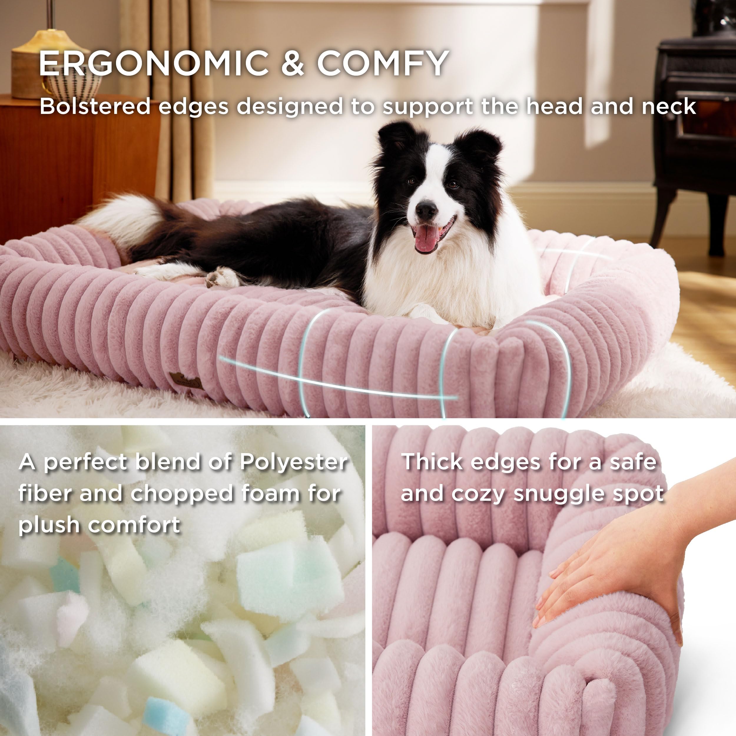 Bedsure Cute Dog Bed for Large Dogs – Washable Furry Orthopedic Bed, 36x27x8 in, Blush Pink