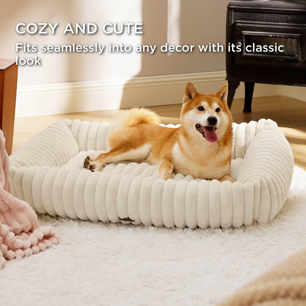 Bedsure Cute Dog Beds – Large Washable Furry Orthopedic Rectangular Bed (36x27x8in, Cream)