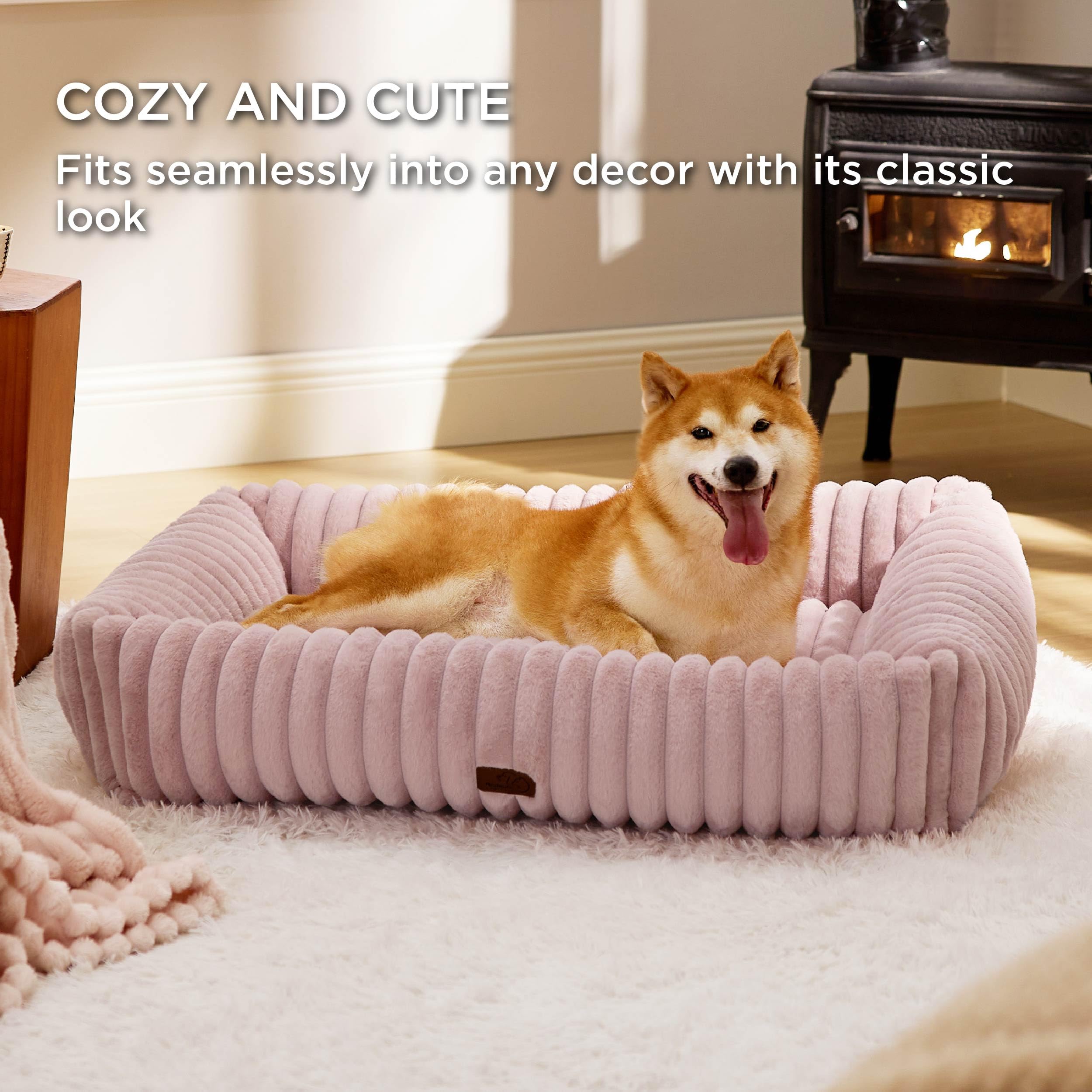 Bedsure Cute Dog Bed for Large Dogs – Washable Furry Orthopedic Bed, 36x27x8 in, Blush Pink