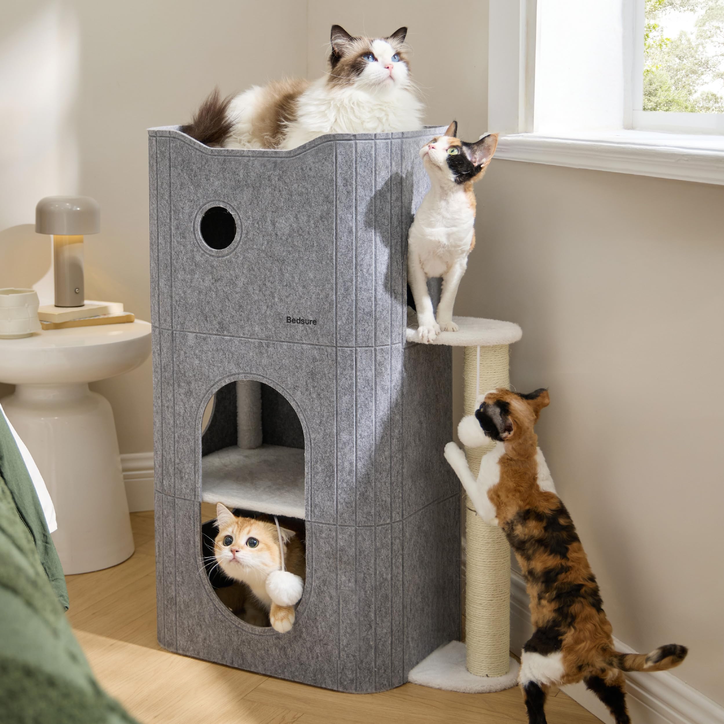 Bedsure 3-Level Indoor Cat Bed — Multi-Cat Cat Condo with Scratching Post and Hideaway Cave (Grey)