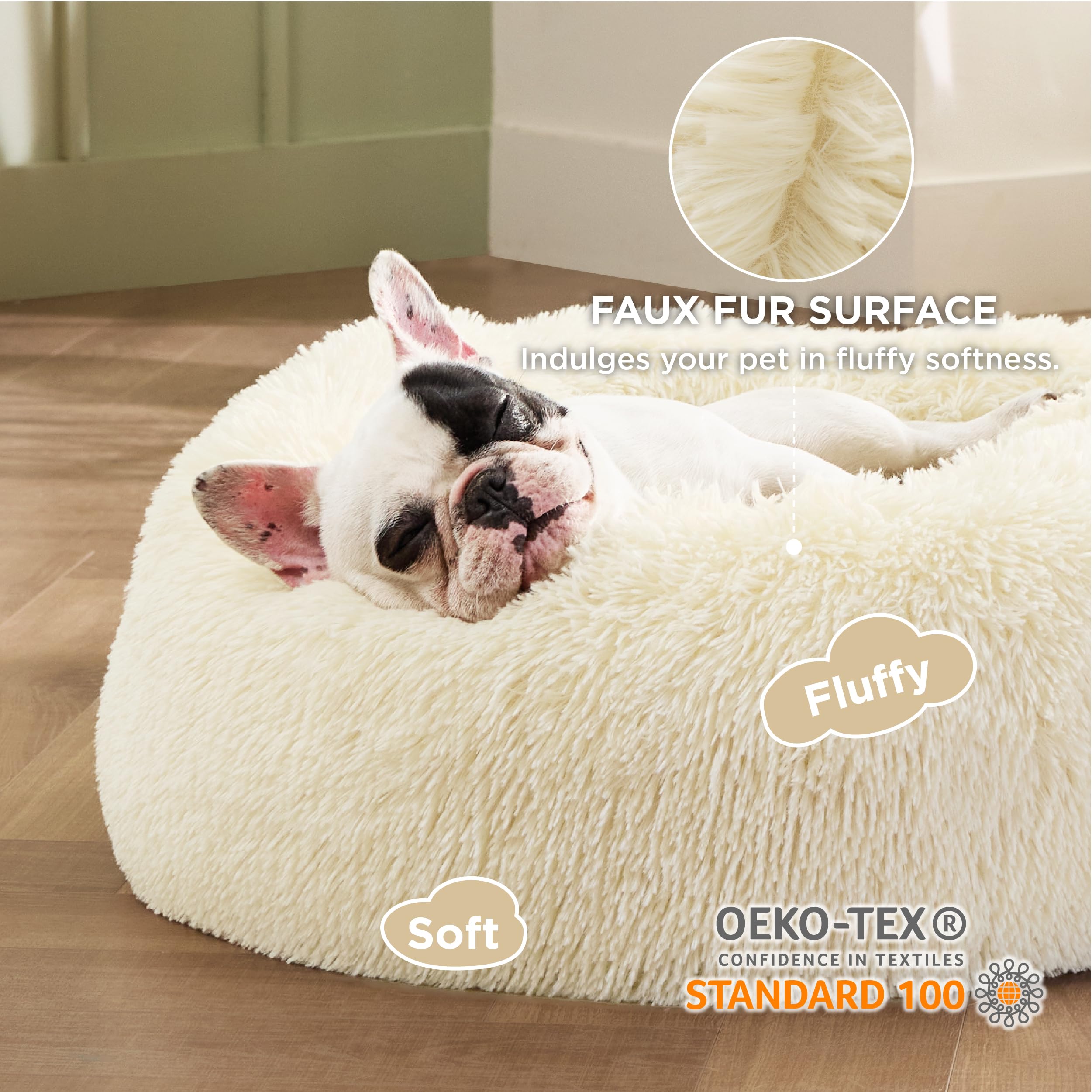 Bedsure Calming Donut Dog Bed for Small Dogs – 23-Inch Round, Ivory Beige, Non-Slip & Washable