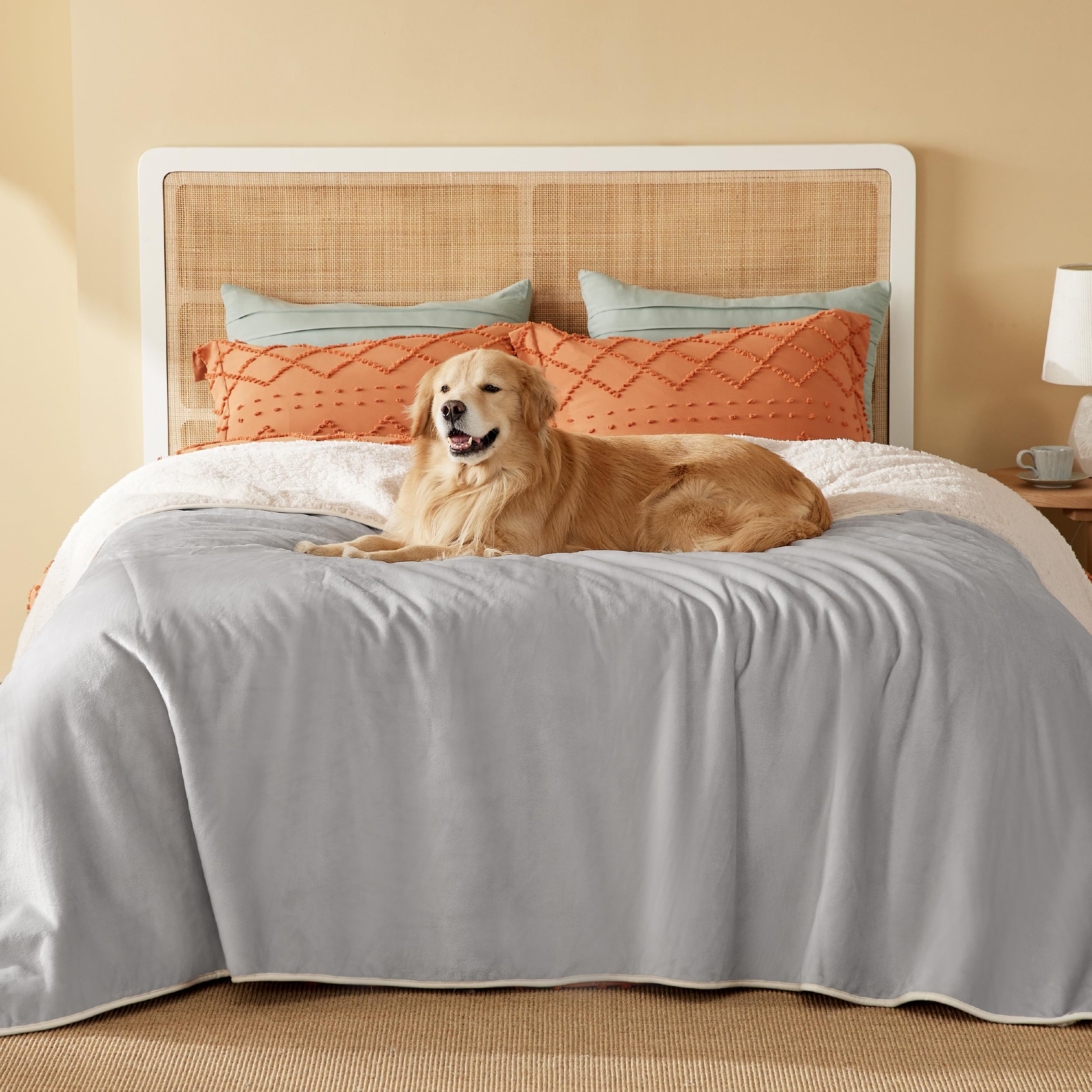 Bedsure Waterproof Blanket for Bed — Queen 90x86, Sherpa Fleece, Light Grey, Large Dog Friendly