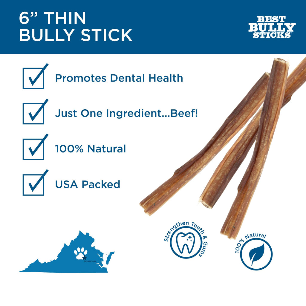 Best Bully Sticks 6 Inch Thin Bully Sticks – 24 Count Pack | Natural, Grass-Fed, Grain- and Rawhide-Free
