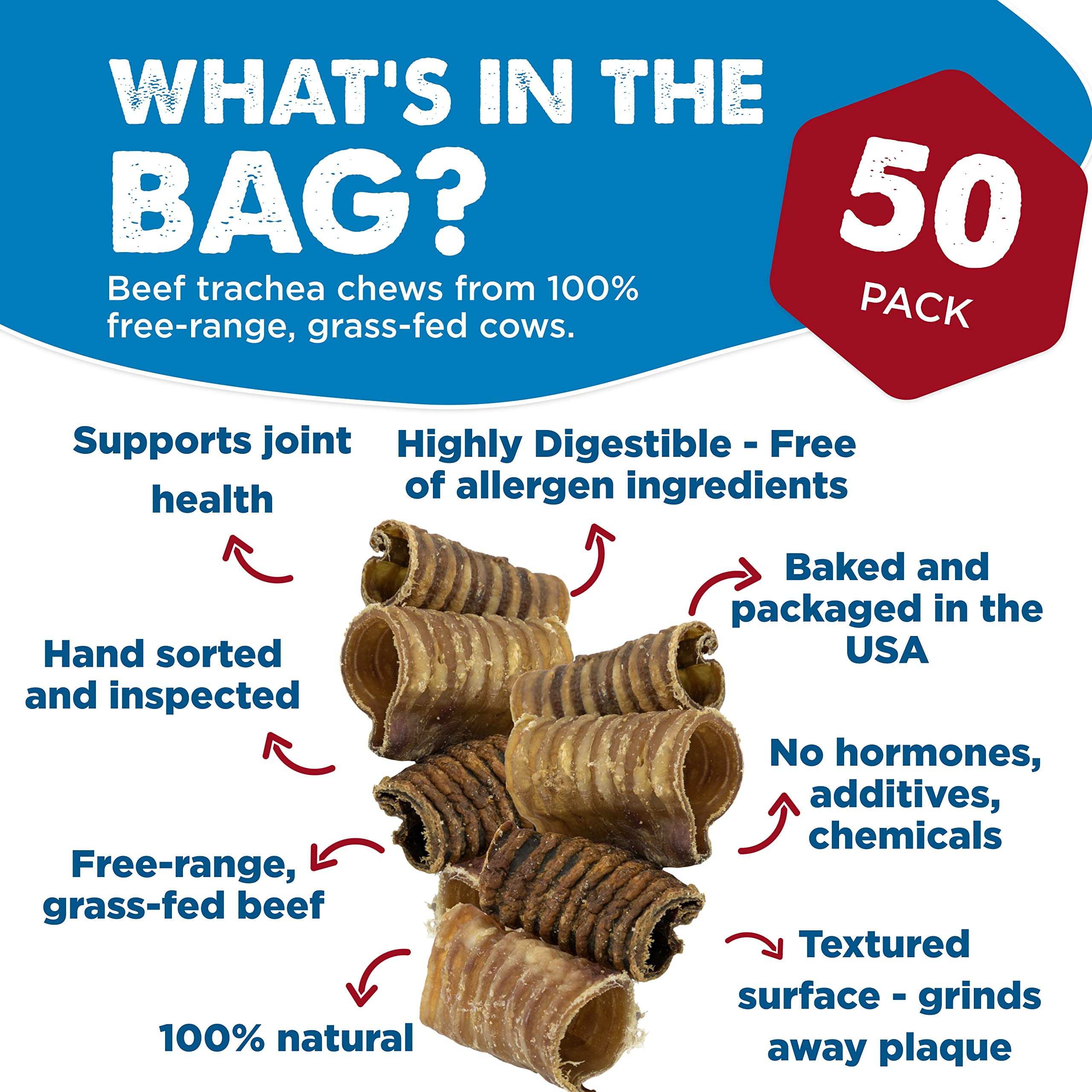 Best Bully Sticks Premium 3-Inch Beef Trachea – 50 Count, All-Natural, Grain-Free, Single-Ingredient Dog Treat