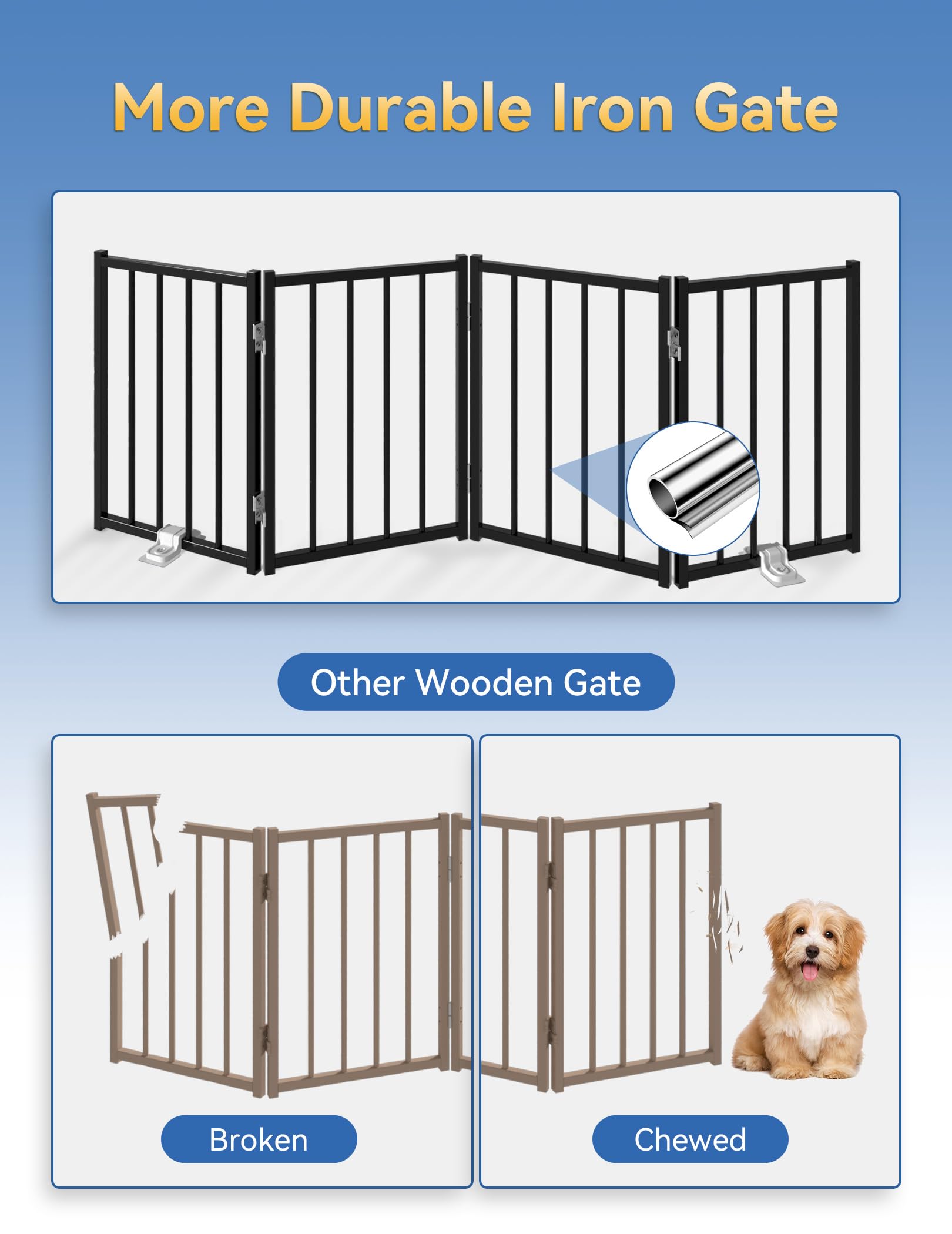 BFNN Metal Short Dog Gate — 16.5in High, Freestanding, No Tools, Up to 96in Wide