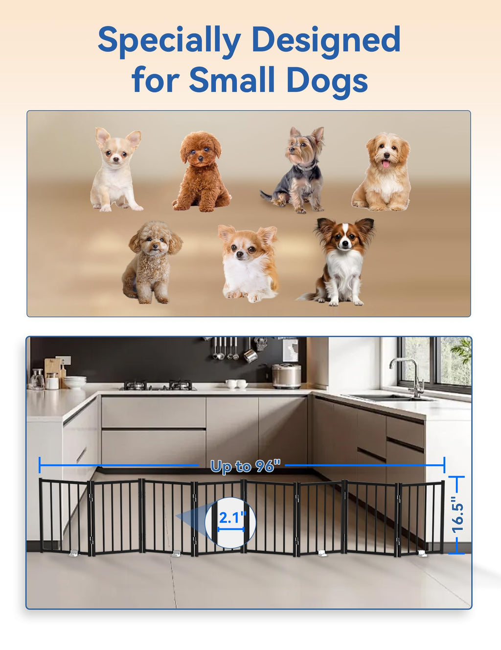 BFNN Metal Short Dog Gate — 16.5in High, Freestanding, No Tools, Up to 96in Wide