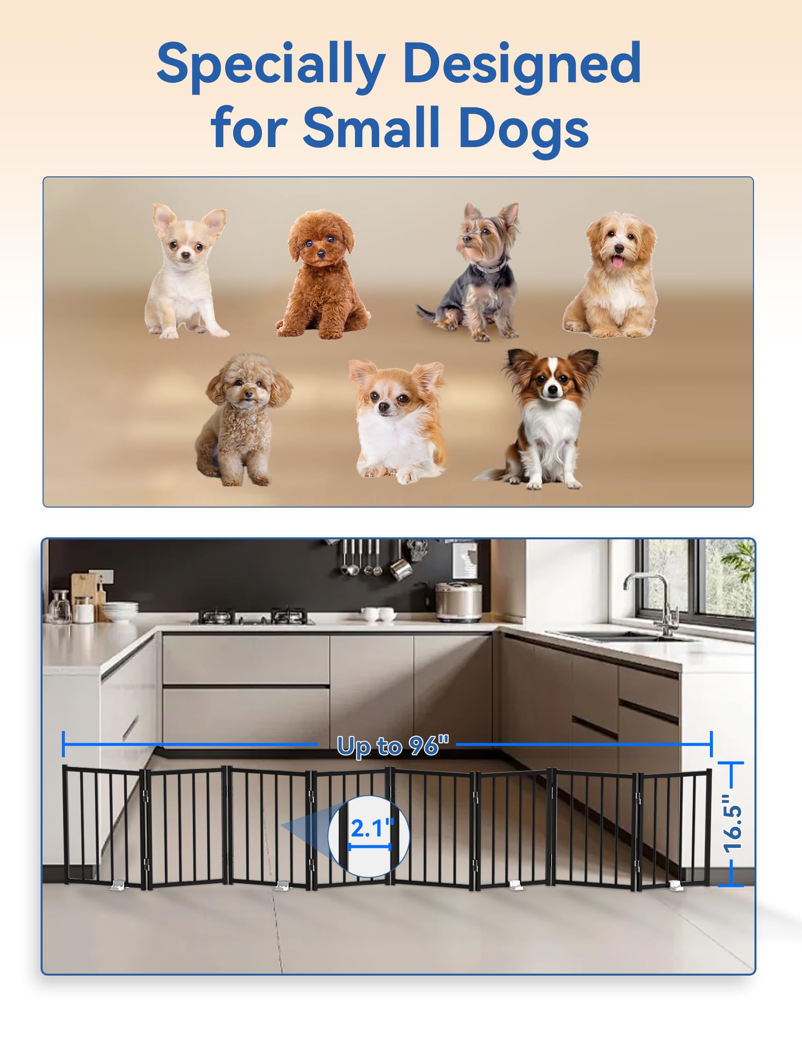 BFNN Metal Short Dog Gate — 16.5in High, Freestanding, No Tools, Up to 96in Wide