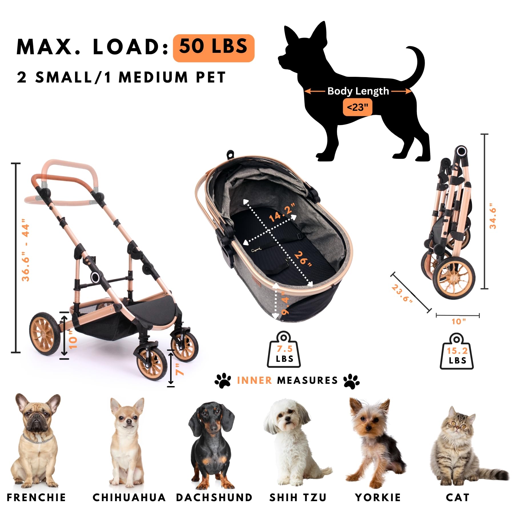 Bicystar Pet Stroller for Medium Dogs – 3-in-1 Carrier & Rubber Wheels
