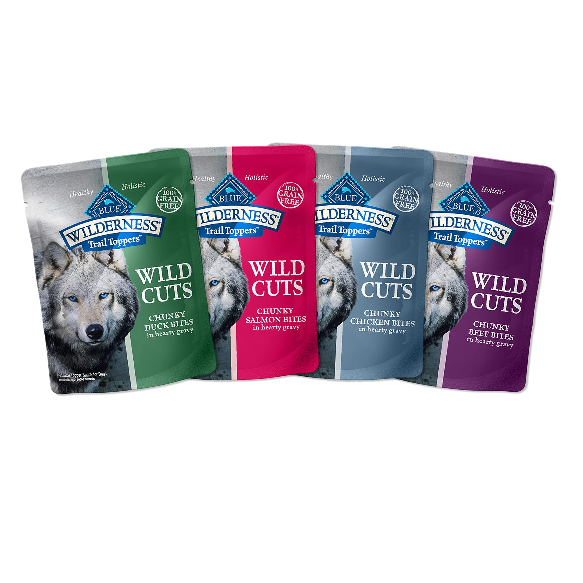 Blue Buffalo Wilderness Trail Toppers High Protein Wet Dog Food Variety Pack – Beef, Salmon, Duck & Chicken, 3-oz Pouches (24 Count)