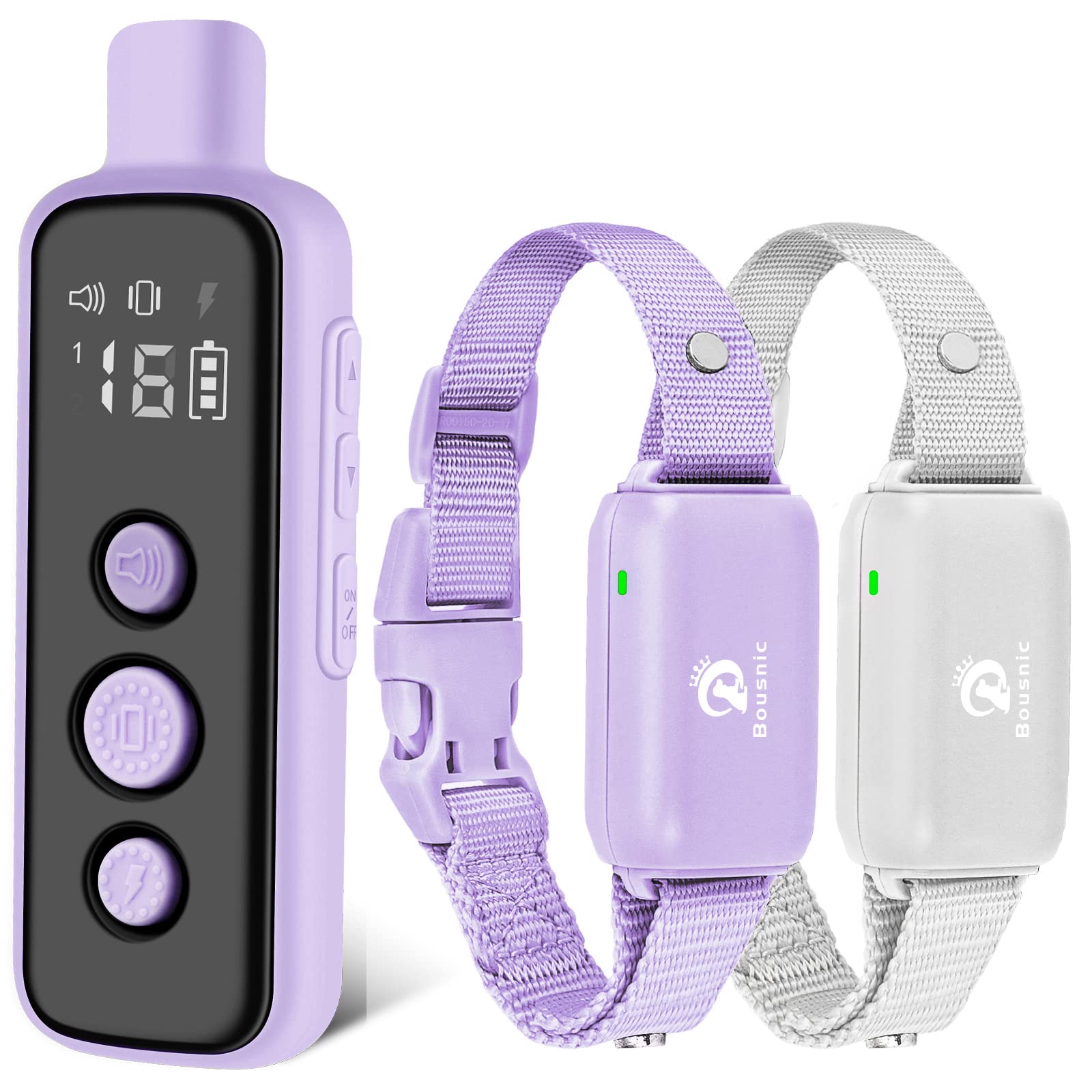 BOUSNIC Dog Shock Collar for 2 Dogs (8-120 lbs) Purple — Waterproof Rechargeable, Dual-Channel Remote