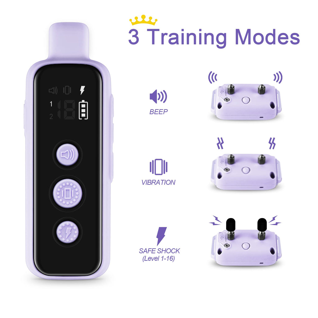 BOUSNIC Dog Shock Collar for 2 Dogs (8-120 lbs) Purple — Waterproof Rechargeable, Dual-Channel Remote