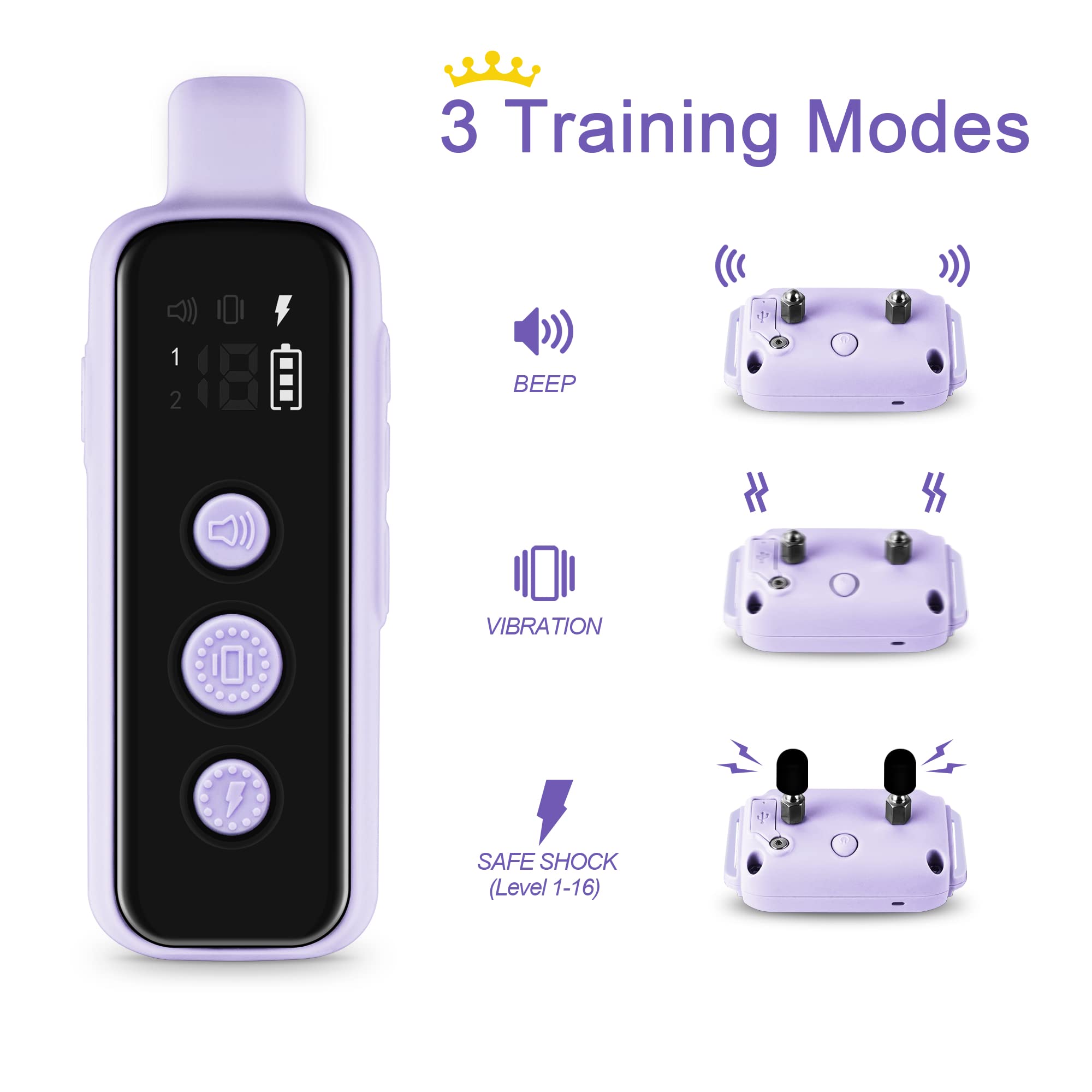 BOUSNIC Dog Shock Collar for 2 Dogs (8-120 lbs) Purple — Waterproof Rechargeable, Dual-Channel Remote