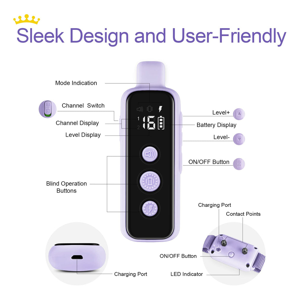 BOUSNIC Dog Shock Collar for 2 Dogs (8-120 lbs) Purple — Waterproof Rechargeable, Dual-Channel Remote