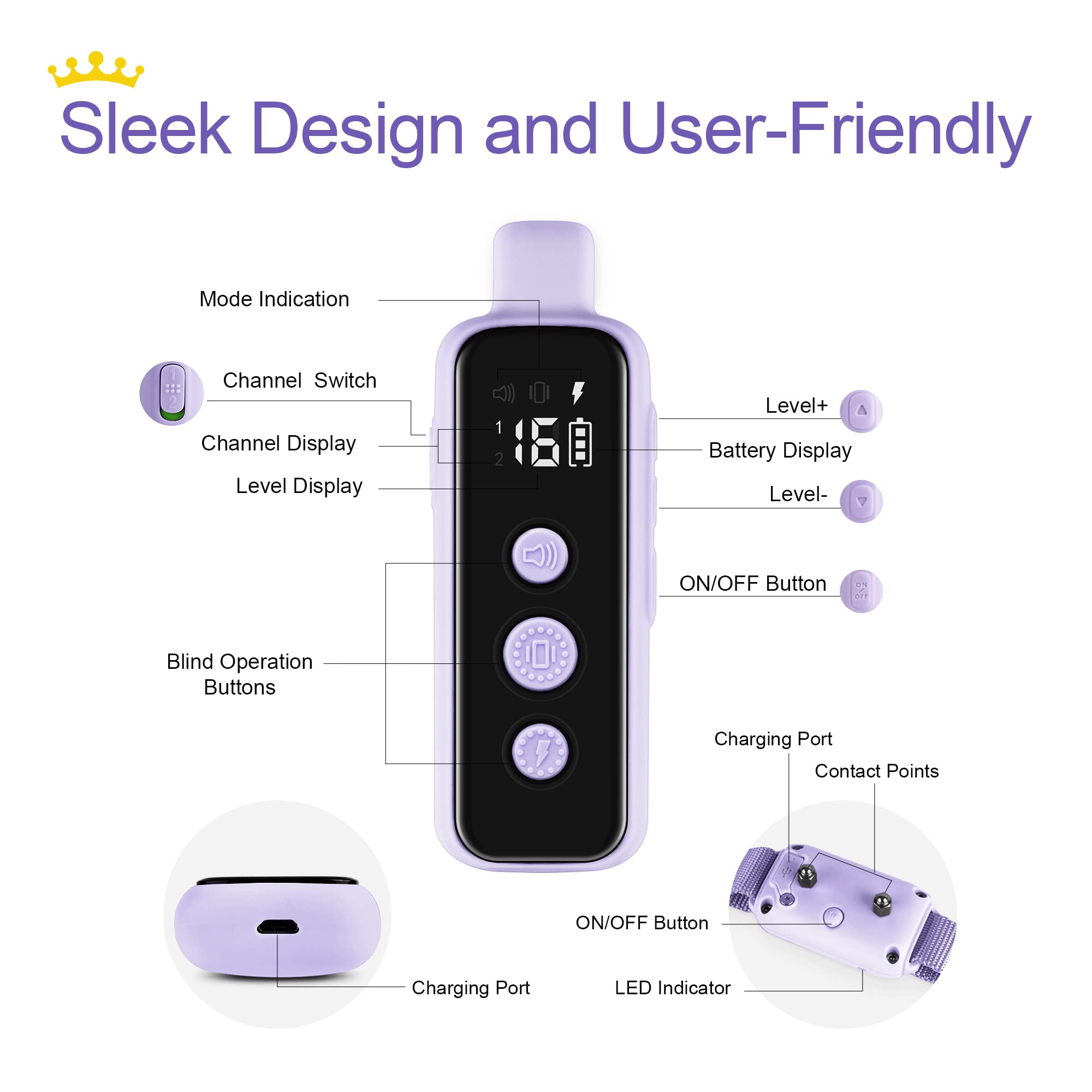 BOUSNIC Dog Shock Collar for 2 Dogs (8-120 lbs) Purple — Waterproof Rechargeable, Dual-Channel Remote