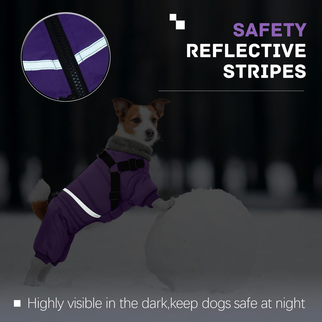 BRKURLEG Purple Dog Coat with Harness | Winter Jacket for Small Dogs, Reflective, Waterproof