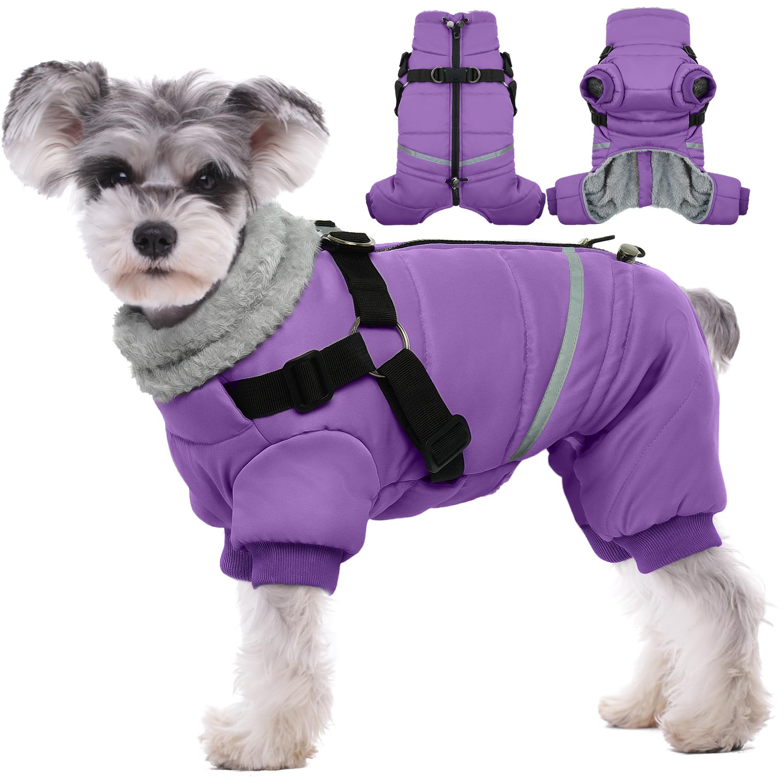 BRKURLEG Purple Dog Coat with Harness | Winter Jacket for Small Dogs, Reflective, Waterproof