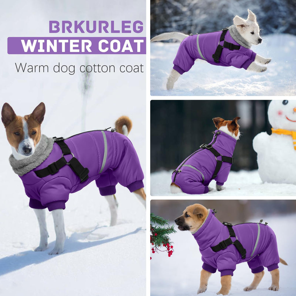 BRKURLEG Purple Dog Coat with Harness | Winter Jacket for Small Dogs, Reflective, Waterproof