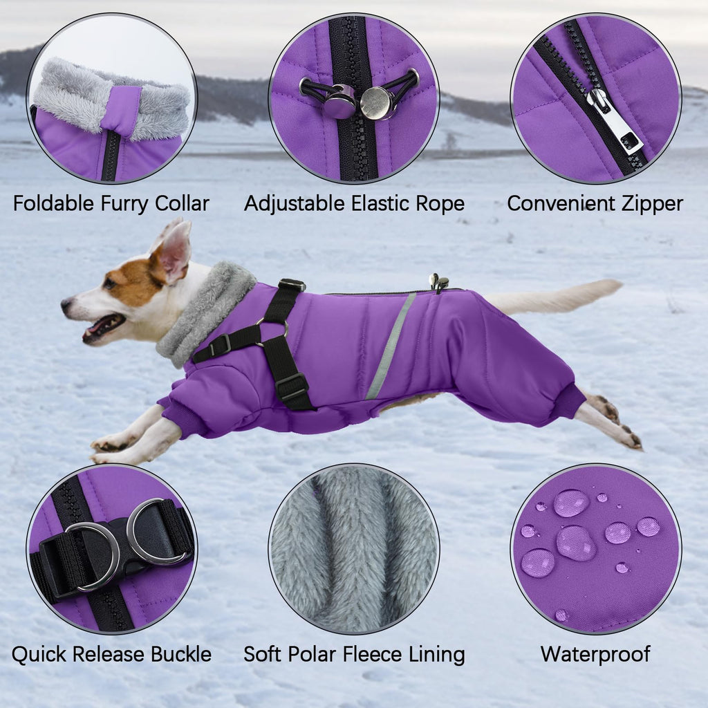 BRKURLEG Purple Dog Coat with Harness | Winter Jacket for Small Dogs, Reflective, Waterproof