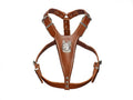 Brown Leather Dog Harness with French Bulldog Head Motif