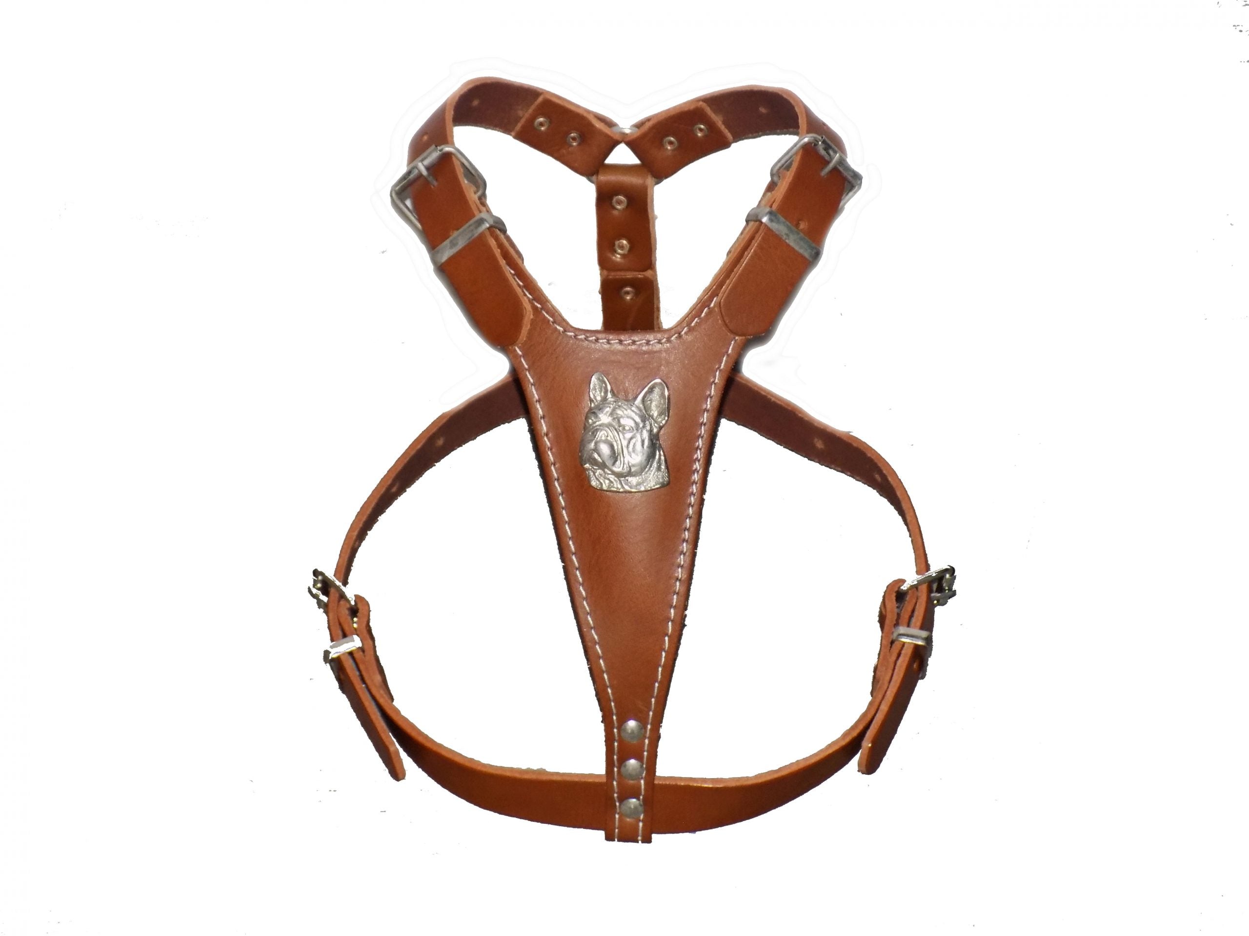 Brown Leather Dog Harness with French Bulldog Head Motif