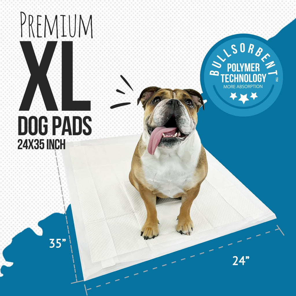 Bulldogology Puppy Pee Pads XL 24x35 - 60 Count, 6-Layer, Adhesive Tape, Quick-Dry Bullsorbent Tech
