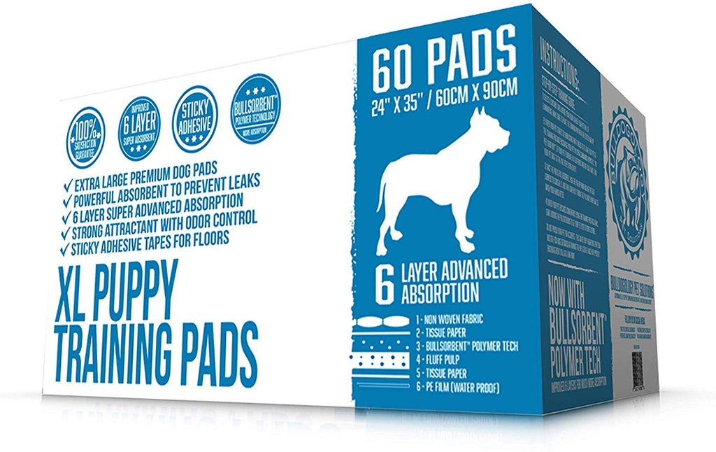 Bulldogology Puppy Pee Pads XL 24x35 - 60 Count, 6-Layer, Adhesive Tape, Quick-Dry Bullsorbent Tech