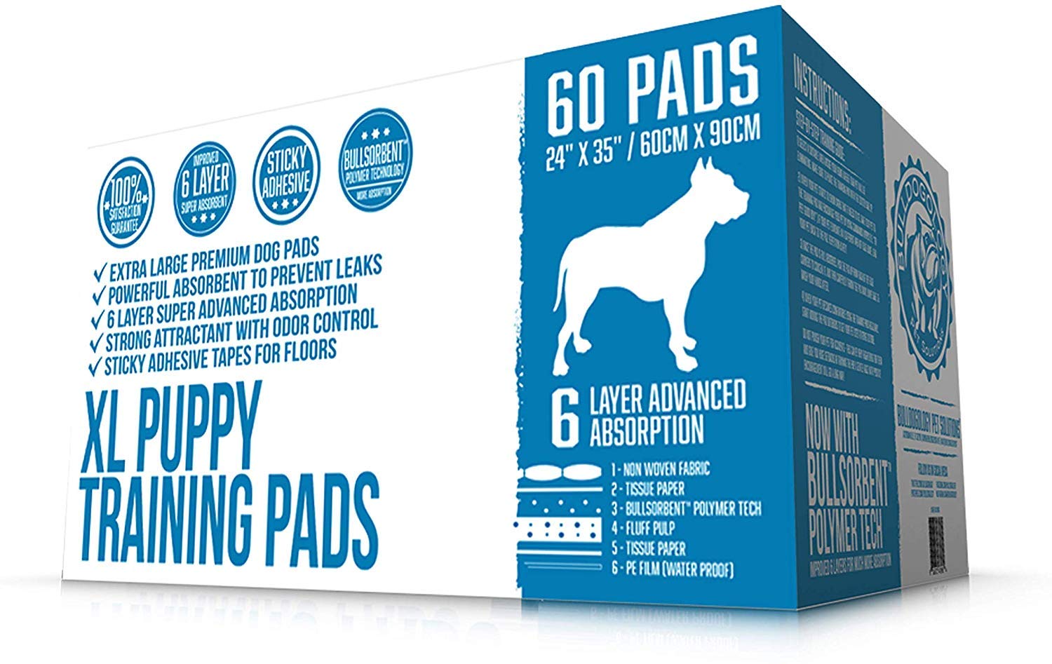 Bulldogology Puppy Pee Pads XL 24x35 - 60 Count, 6-Layer, Adhesive Tape, Quick-Dry Bullsorbent Tech