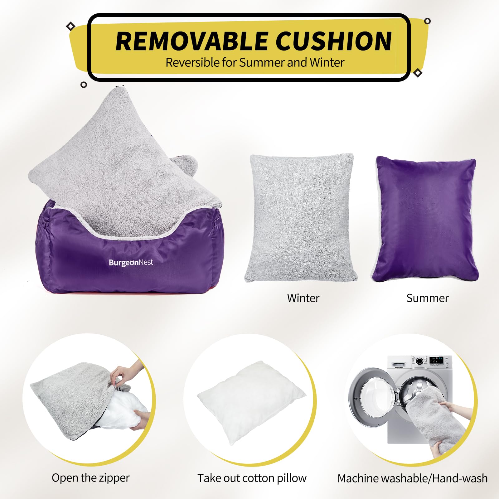 BurgeonNest Dog Car Seat for Small Dogs — Detachable, Washable, Under 25 lbs, Purple